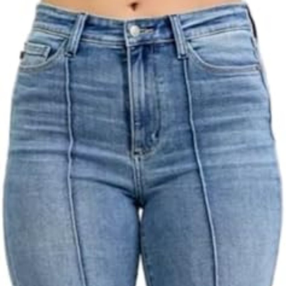 Judy Blue High Rise Fray Hem Flared Jeans with Front Pintuck Detail